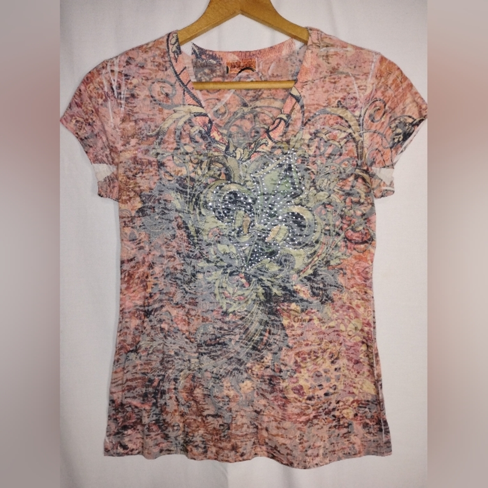 Women's Translucent T-shirt Bedazzled Fleur-de-lis California Girlz USA